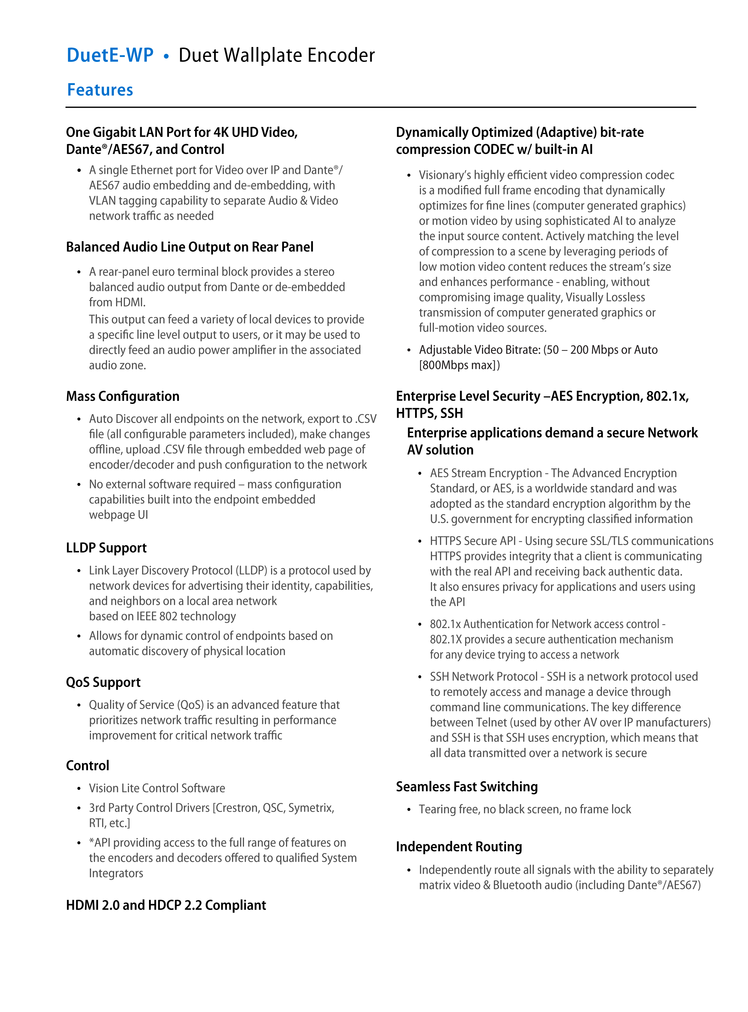 DUETE-WP Features